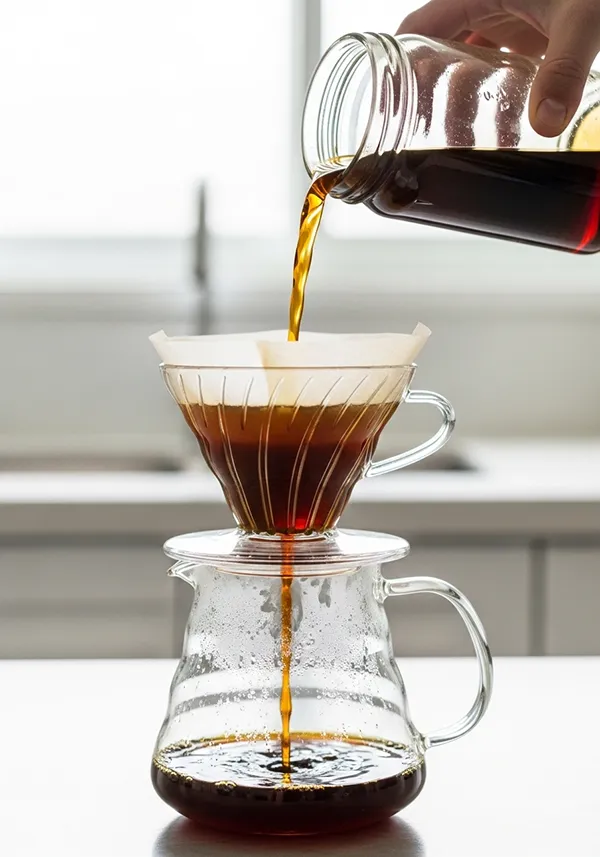 Proces filtrowania kawy cold brew przez papierowy filtr do szklanej karafki.