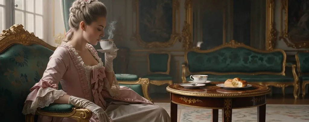 Arystokratka w sukni z epoki baroku, siedząca w luksusowym salonie przy kominku i pijąca gorącą czekoladę z bogato zdobionej porcelanowej filiżanki.