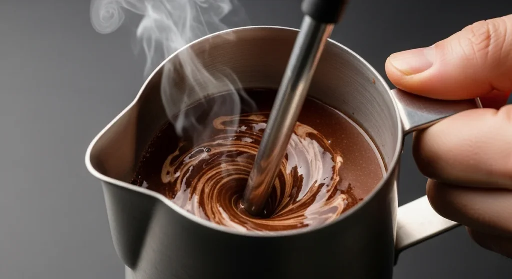 Barista podgrzewa gorącą czekoladę za pomocą dyszy parowej ekspresu.