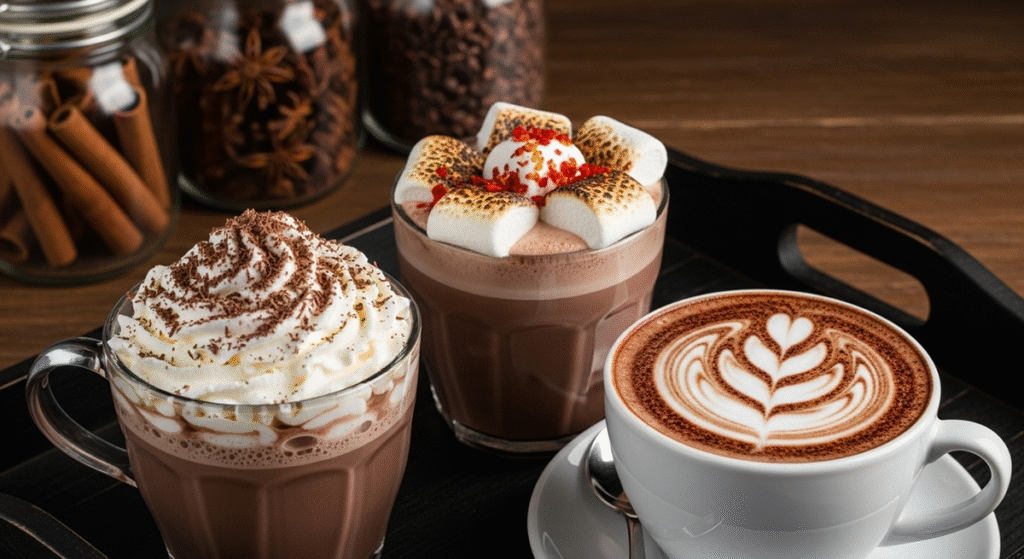Trzy filiżanki gorącej czekolady z różnymi dodatkami: bitą śmietaną, piankami i latte art.