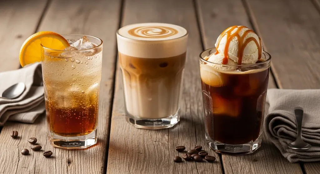 Trzy różne napoje na bazie cold brew: z tonikiem, w wersji proteinowej oraz jako deser lodowy.