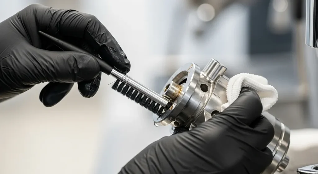 Profesjonalna konserwacja ekspresu do kawy: czyszczenie miksera do czekolady w proszku.