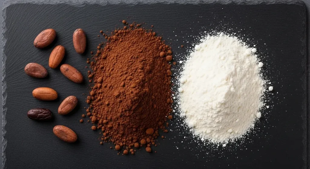 Składniki profesjonalnej czekolady do ekspresu: kakao w proszku i mleko w proszku ułożone na ciemnym tle.