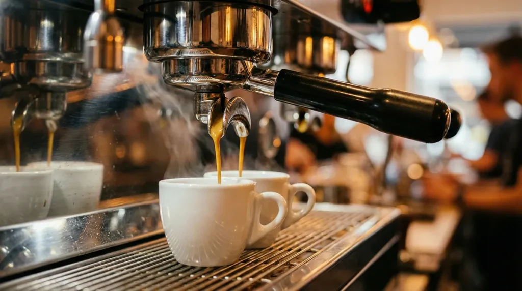 Filtracja wody do ekspresu: Zbliżenie na grupę zaparzającą ekspresu kolbowego podczas ekstrakcji gęstego espresso.