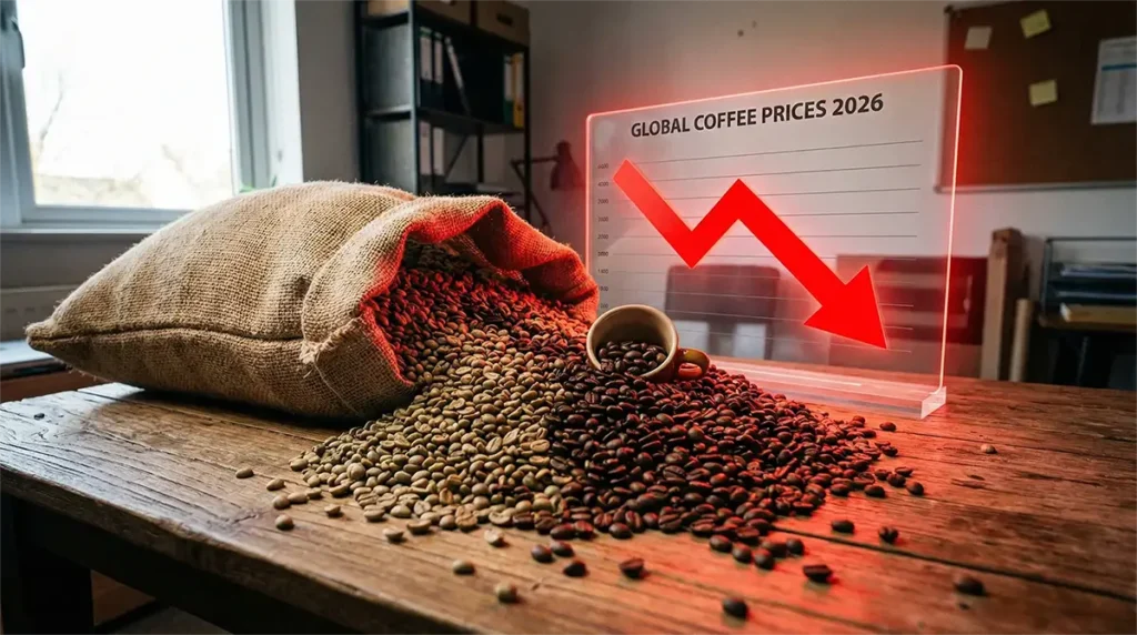 Wizualizacja spadkowego trendu rynkowego pod hasłem Global Coffee Prices 2026 obok worków z ziarnem.