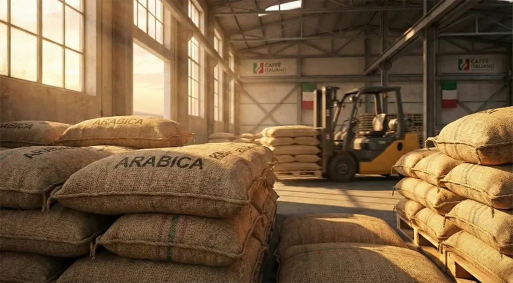 Nowoczesny magazyn kawy z wysokimi stosami worków z ziarnem Arabica i wózkiem widłowym w tle, symbolizujący skalę importu bezpośredniego.