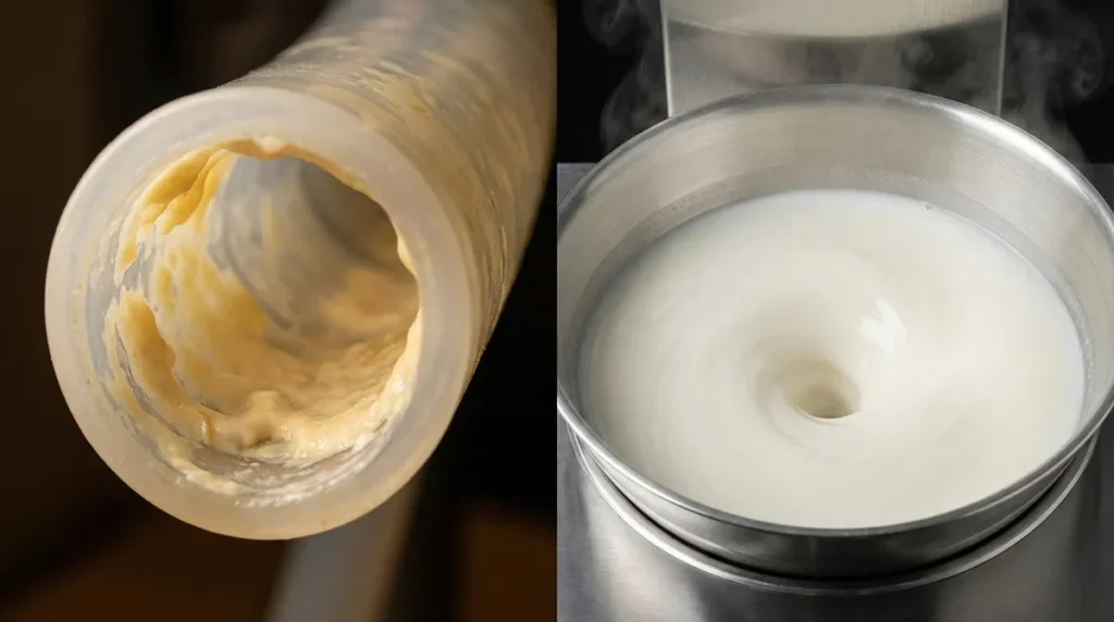 Porównanie: zanieczyszczona rurka do mleka świeżego z osadem bakteryjnym oraz czysty mikser automatu vendingowego z mlekiem instant.