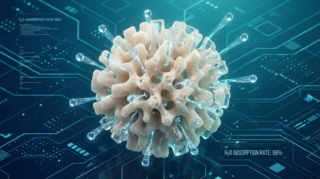 rójwymiarowy model pojedynczej granulki mleka instant Ristora pokazujący porowatą strukturę ułatwiającą rozpuszczanie.