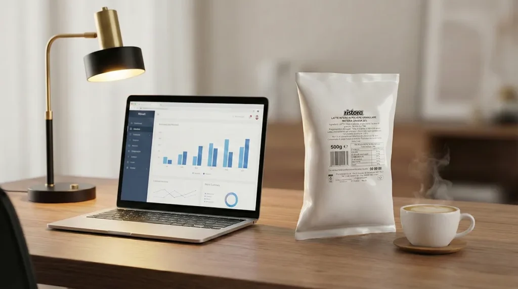 Laptop z wykresami danych biznesowych obok opakowania Ristora i filiżanki kawy na drewnianym biurku.