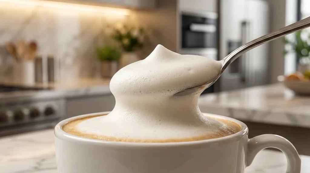 Zbliżenie na łyżeczkę z gęstą, sztywną pianką mleczną uniesioną nad filiżanką kawy.