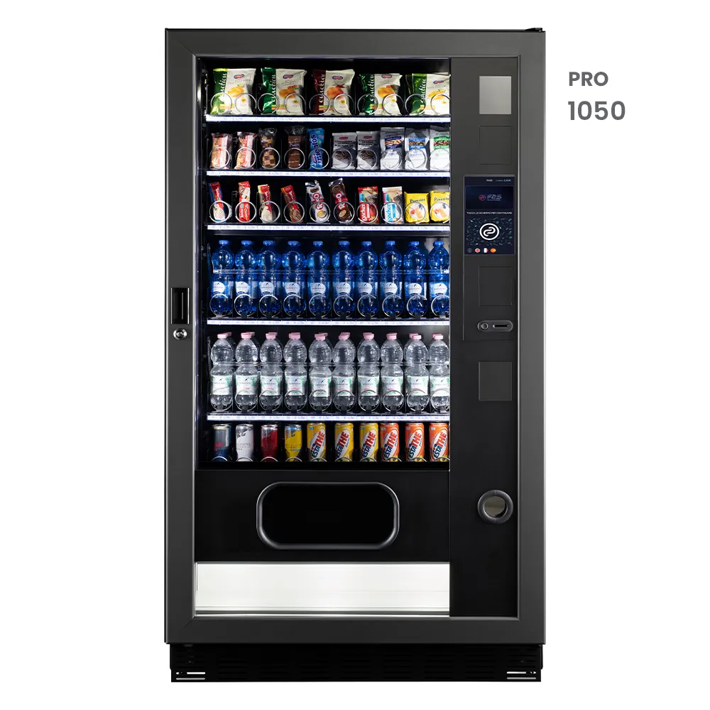 Nowoczesny automat vendingowy FAS PRO 1050 z ekranem dotykowym 10 cali w kolorze grafitowym.
