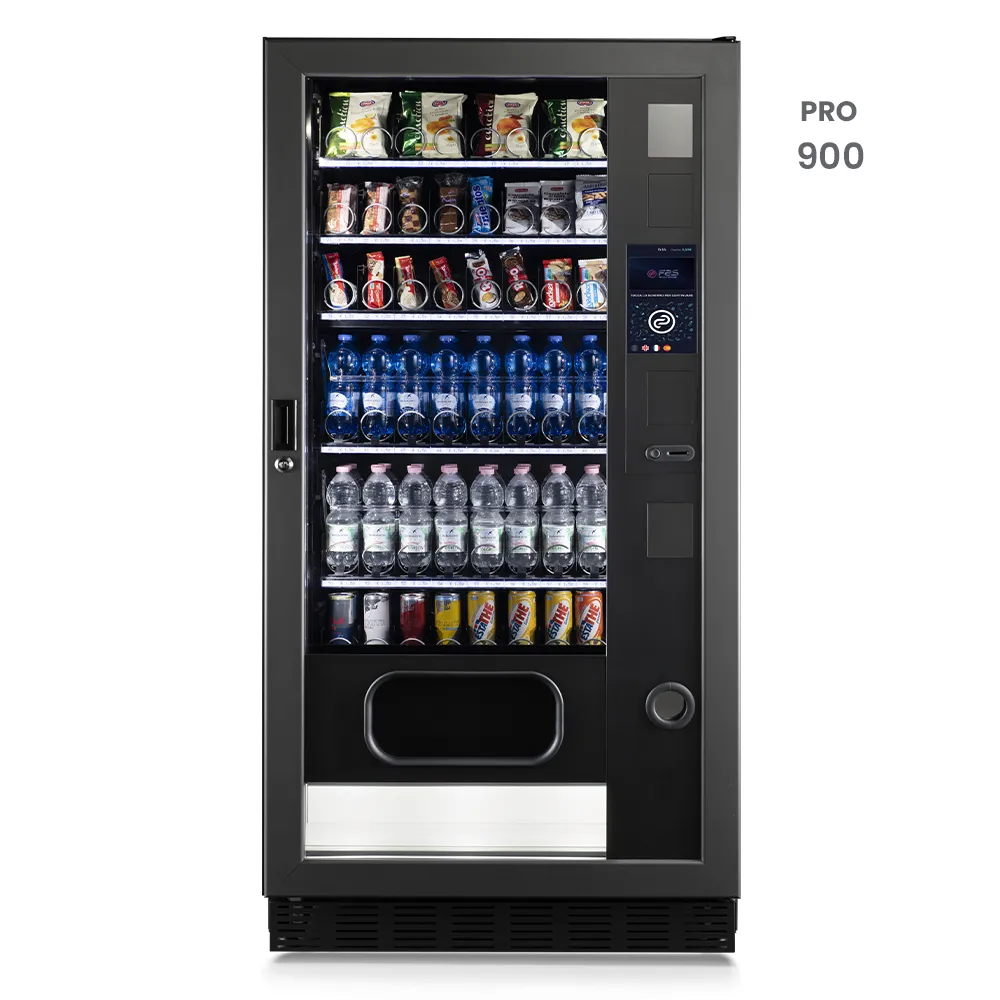 Nowoczesny automat vendingowy FAS PRO 900 z ekranem dotykowym 10 cali w kolorze grafitowym.