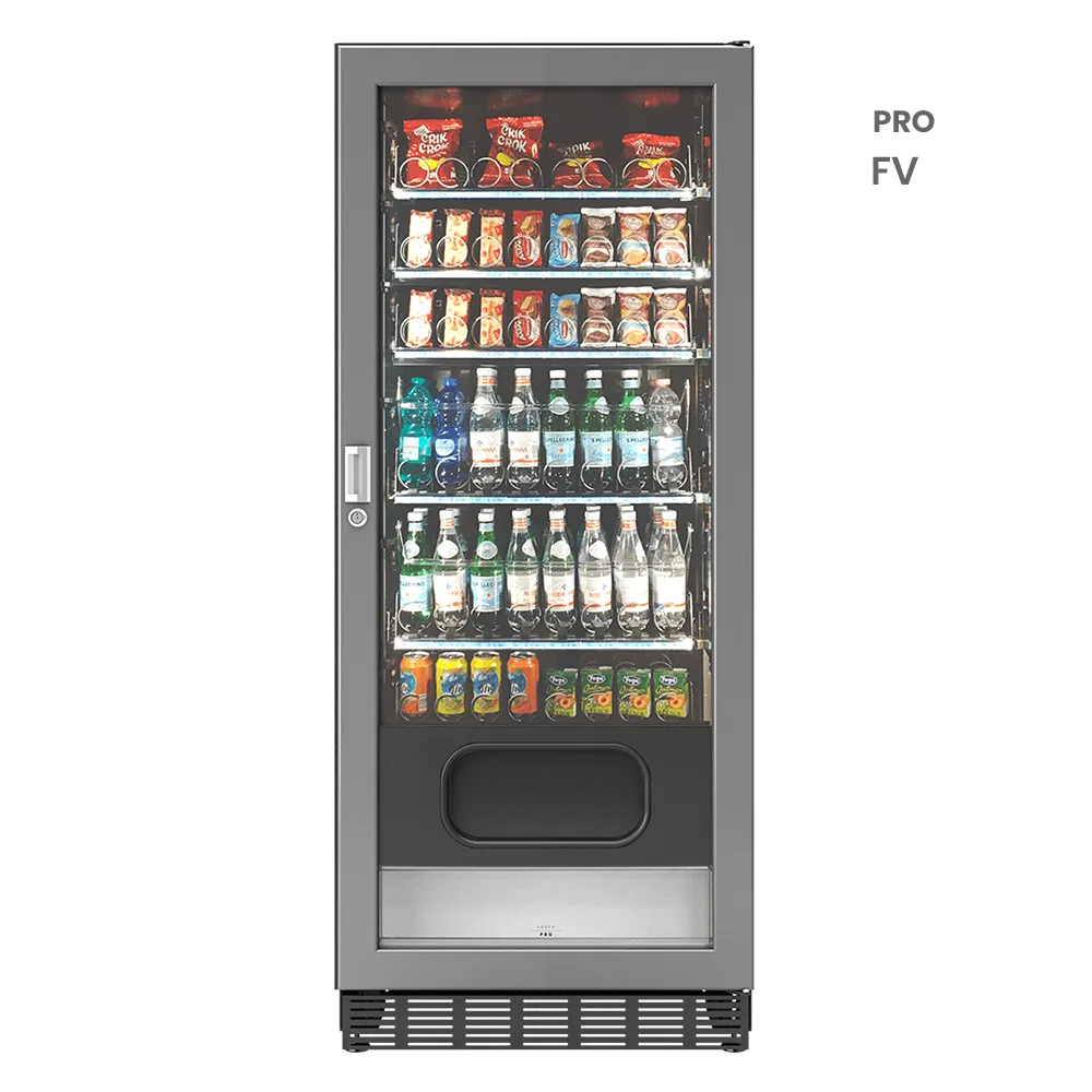 Nowoczesny automat vendingowy FAS PRO FV z ekranem dotykowym 10 cali w kolorze grafitowym.