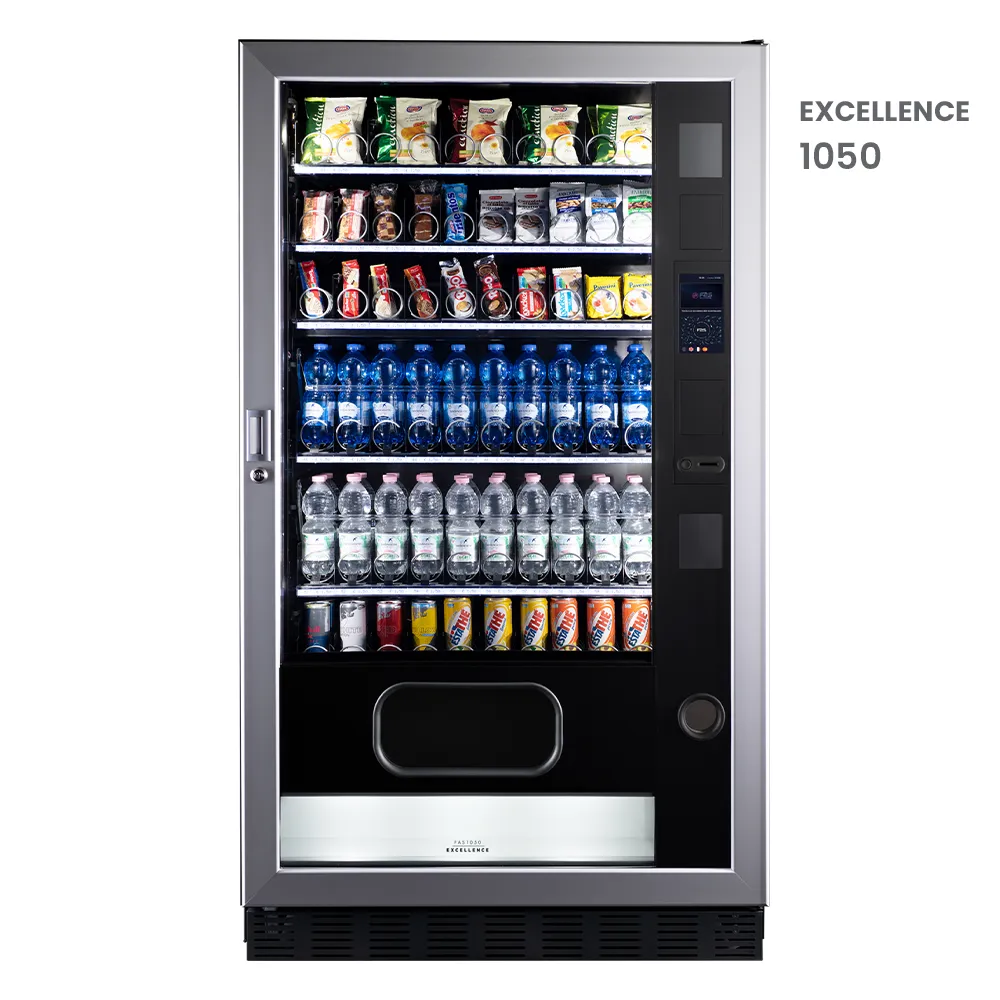 Nowoczesny automat vendingowy FAS Excellence 1050 z ekranem dotykowym i systemem FAS Cloud+, przeznaczony do sprzedaży przekąsek i napojów w biurach i miejscach publicznych – oferta Vend24.