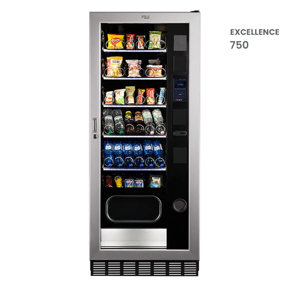 Nowoczesny automat vendingowy FAS Excellence 750 z ekranem dotykowym i systemem FAS Cloud+, przeznaczony do sprzedaży przekąsek i napojów w biurach i miejscach publicznych – oferta Vend24.