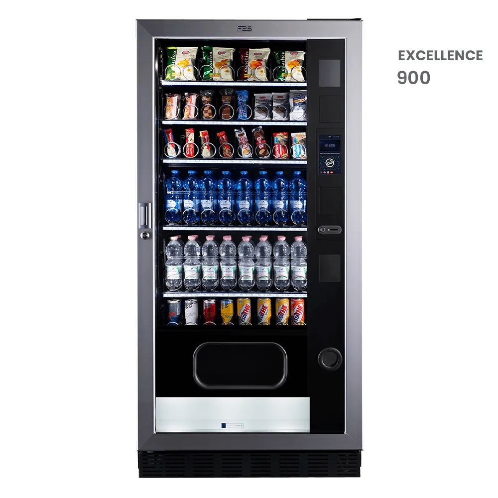 Nowoczesny automat vendingowy FAS Excellence 900 z ekranem dotykowym i systemem FAS Cloud+, przeznaczony do sprzedaży przekąsek i napojów w biurach i miejscach publicznych – oferta Vend24.
