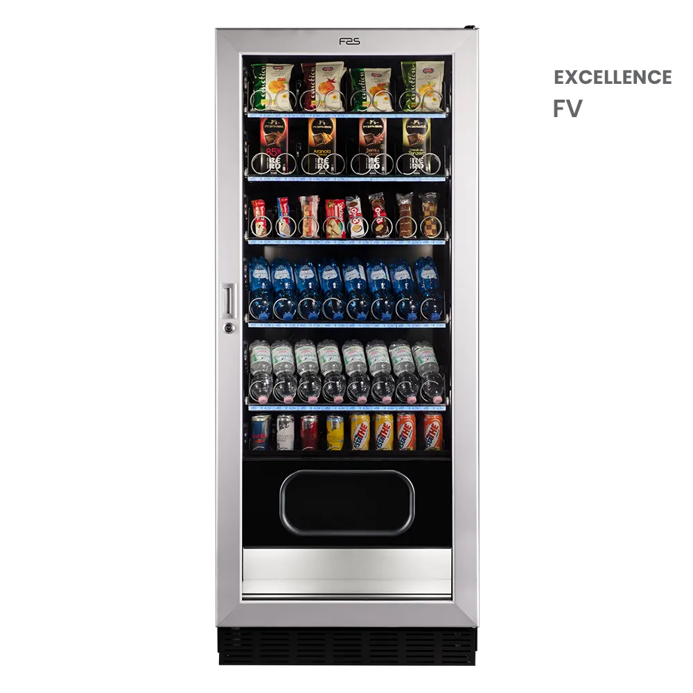 Nowoczesny automat vendingowy FAS Excellence FV z systemem FAS Cloud+, przeznaczony do sprzedaży przekąsek i napojów w biurach i miejscach publicznych – oferta Vend24.