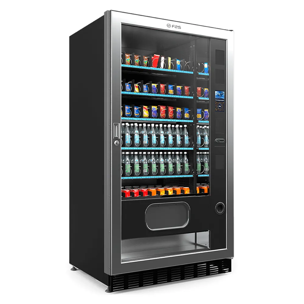 Nowoczesny automat vendingowy FAS Excellence z ekranem dotykowym i systemem FAS Cloud+, przeznaczony do sprzedaży przekąsek i napojów w biurach i miejscach publicznych – oferta Vend24.