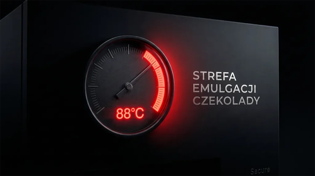Wskaźnik temperatury wskazujący 88 stopni Celsjusza z napisem Strefa Emulgacji Czekolady na nowoczesnym, czarnym tle.