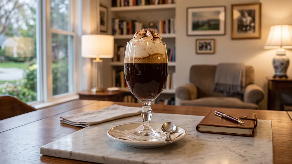 Trójwarstwowy napój Bicerin w przezroczystej szklance – gęsta czekolada, espresso i śmietanka.