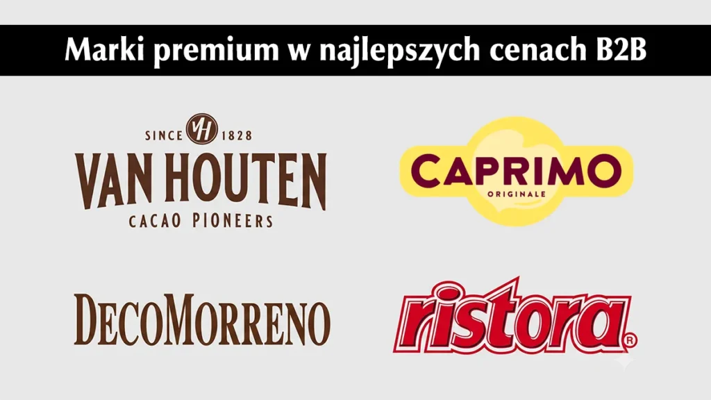 Logotypy czołowych producentów czekolady vendingowej: Van Houten, Caprimo, Ristora i DecoMorreno dostępne w ofercie B2B.