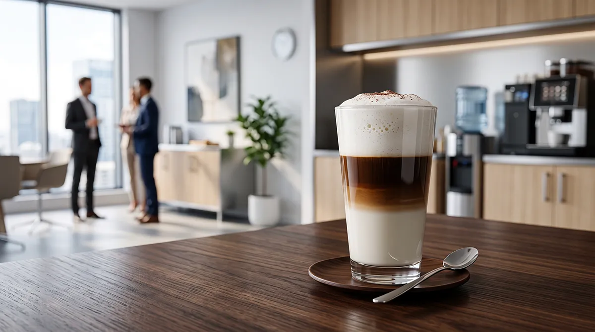 Wysoka szklanka z wyraźnie uwarstwionym latte macchiato na drewnianym stole. W tle widać automatyczny ekspres do kawy oraz pracowników w jasnej, korporacyjnej kuchni.