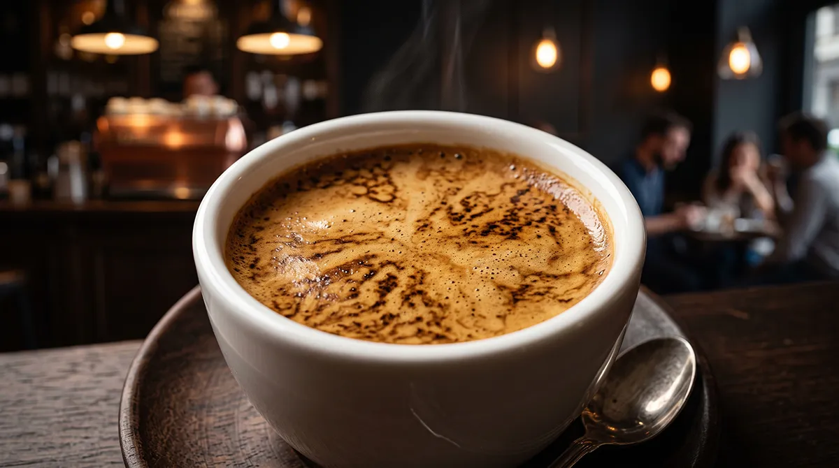 Zbliżenie na filiżankę espresso z grubą cremą i wzorem tygrysiej skórki na drewnianym barze, w tle zarys nowoczesnej kawiarni HoReCa.