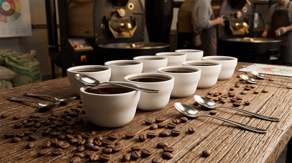 Ocena sensoryczna (cupping) kawy specialty przez sędziów w palarni.