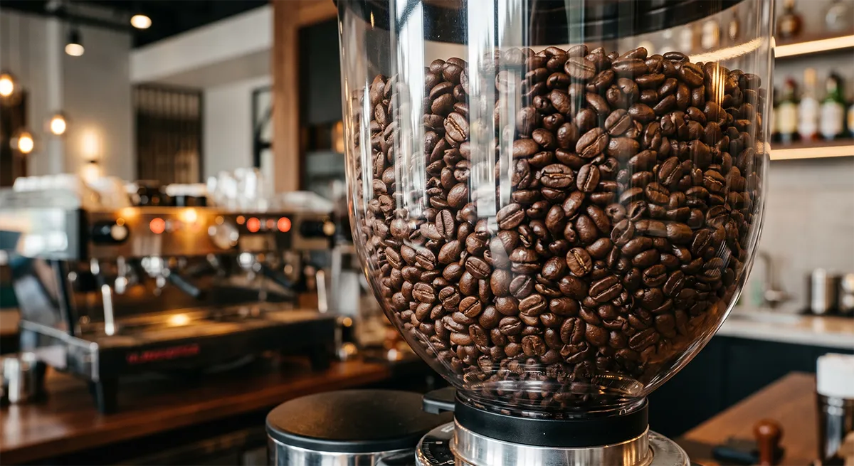 Świeżo palone ziarna kawy 100% arabica w przezroczystym zasobniku profesjonalnego młynka.