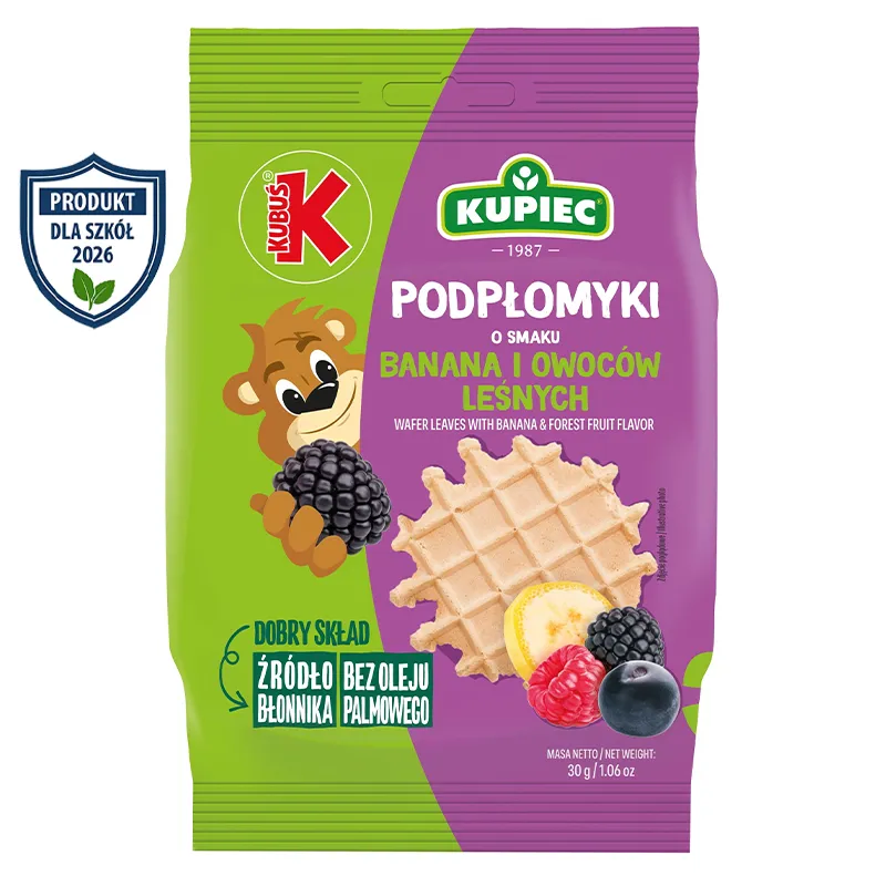Karton podpłomyków Kubuś i Kupiec banan i owoce leśne 30g, zdrowa przekąska do automatów szkolnych o niskiej zawartości cukru.