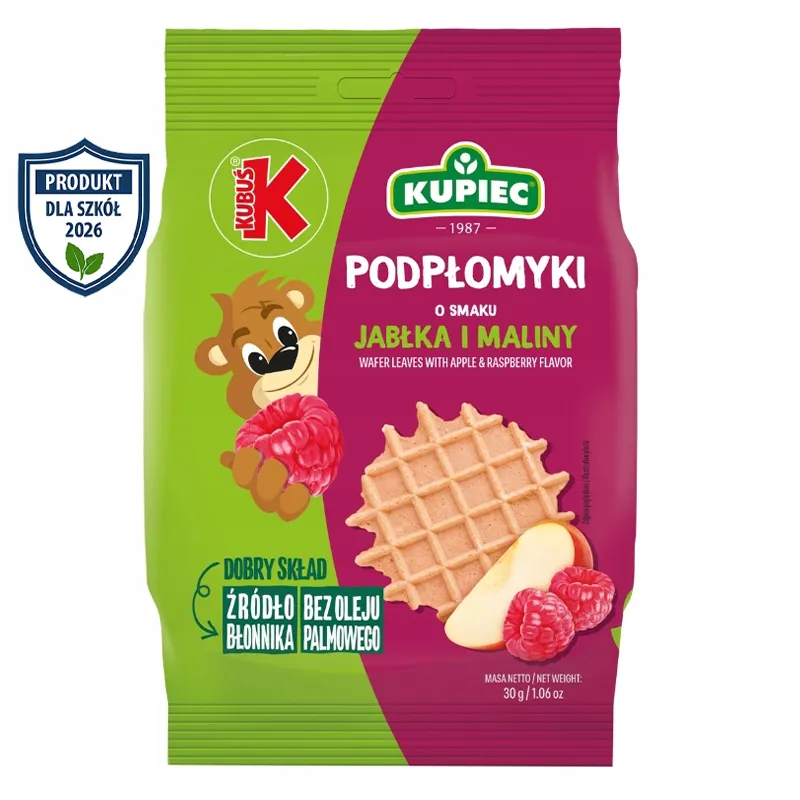 Podpłomyki Kubuś i Kupiec jabłko i malina 30g, zdrowa przekąska szkolna do automatów vendingowych.