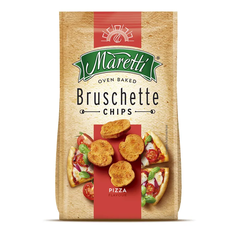 Pieczone krążki chlebowe Maretti Bruschette Pizza 70g, słona przekąska bez konserwantów do automatów vendingowych.