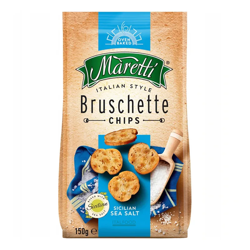 Pieczone krążki chlebowe Maretti Bruschette sól morska 70g, uniwersalna słona przekąska do automatów vendingowych.