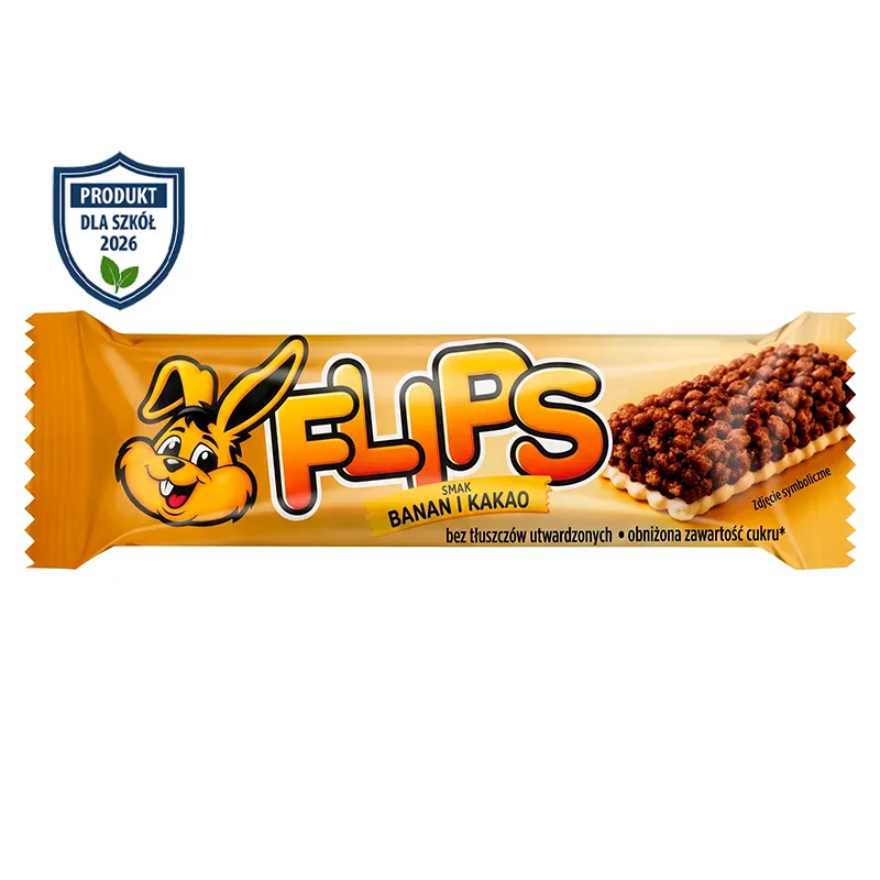 Zbożowy baton FLIPS kakao-banan 25g, bezpieczna przekąska do automatów szkolnych.