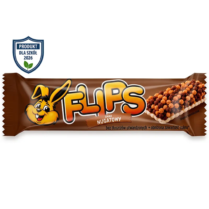 Zbożowy baton FLIPS nugatowy 25g, bezpieczna kakaowo-orzechowa przekąska do automatów szkolnych.