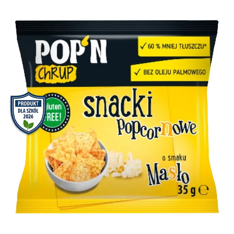 Maślane snacki kukurydziane Sante Pop'n Chrup 35g, bezpieczna przekąska do automatów vendingowych i szkół.