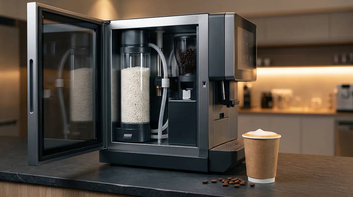 Przezroczysty kanister z mlekiem granulowanym wewnątrz automatu vendingowego oraz papierowy kubek z cappuccino na pierwszym planie.