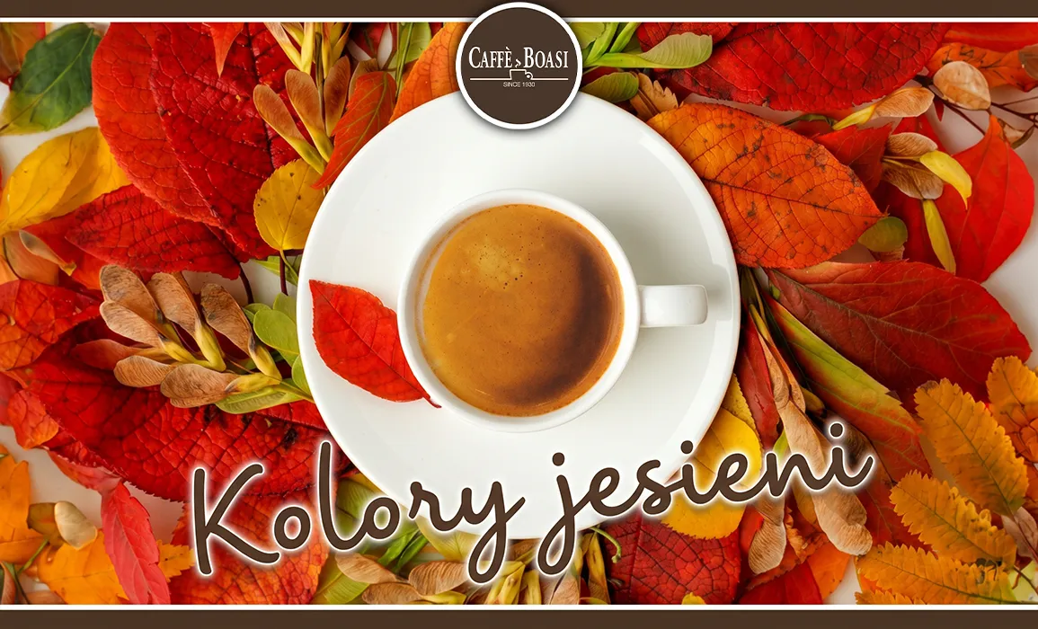 Filiżanka czarnej kawy Caffè Boasi na tle jesiennych liści z hasłem kolory jesieni.