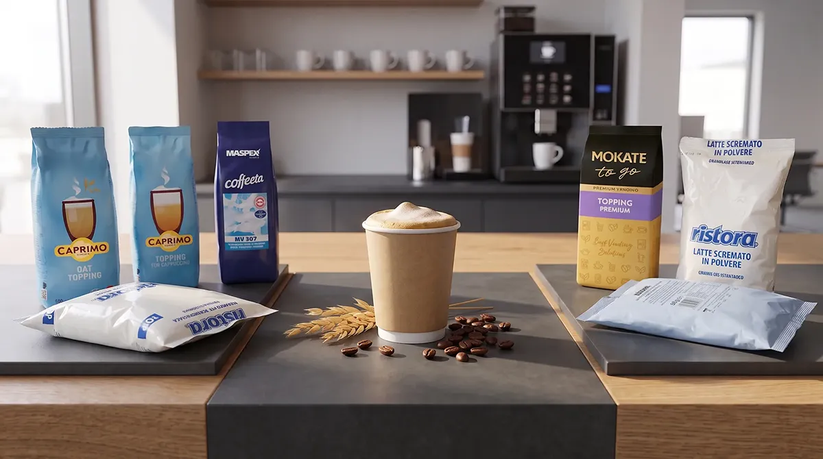 Papierowy kubek z gęstym wegańskim cappuccino na tle kłosów owsa, ziaren kawy i miejsca na opakowania profesjonalnych toppingów i granulatów.