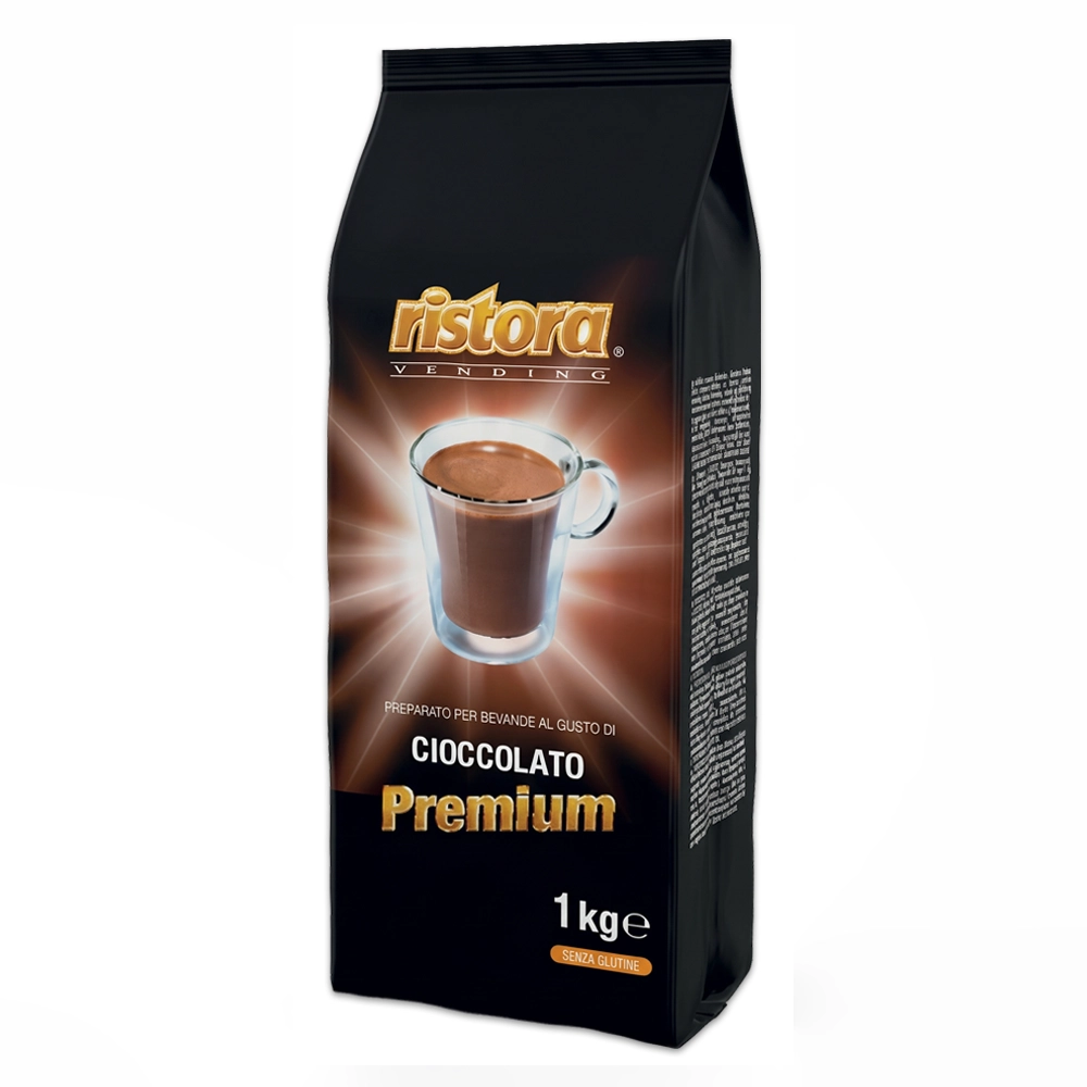 Gorąca czekolada do automatów vendingowych Ristora Premium 1000g, szybko rozpuszczalny proszek bezglutenowy.